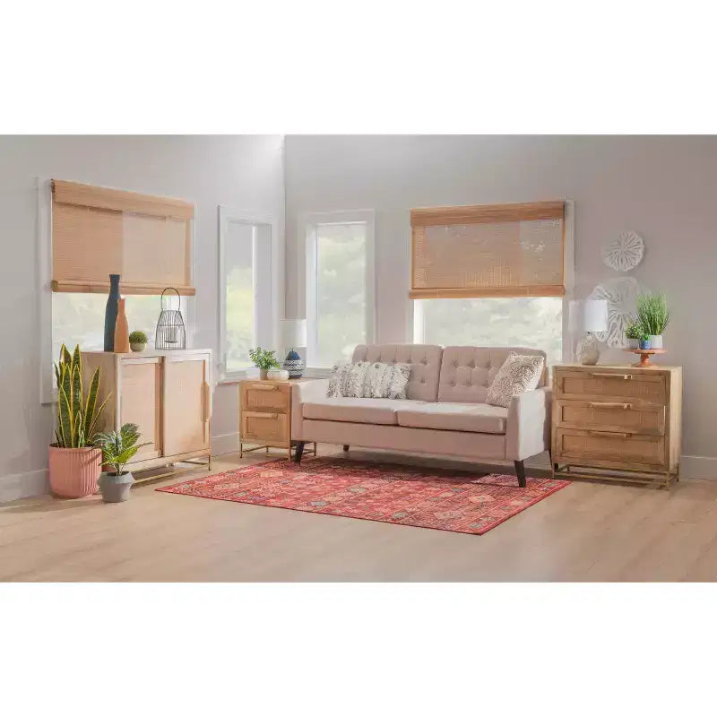 Gordon Transitional 3 Natural Cane Drawers Cabinet with Gold Metal Base - Powell