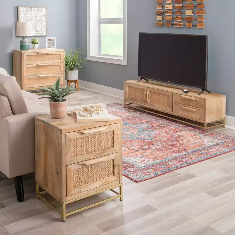 Gordon Transitional 3 Natural Cane Drawers Cabinet with Gold Metal Base - Powell