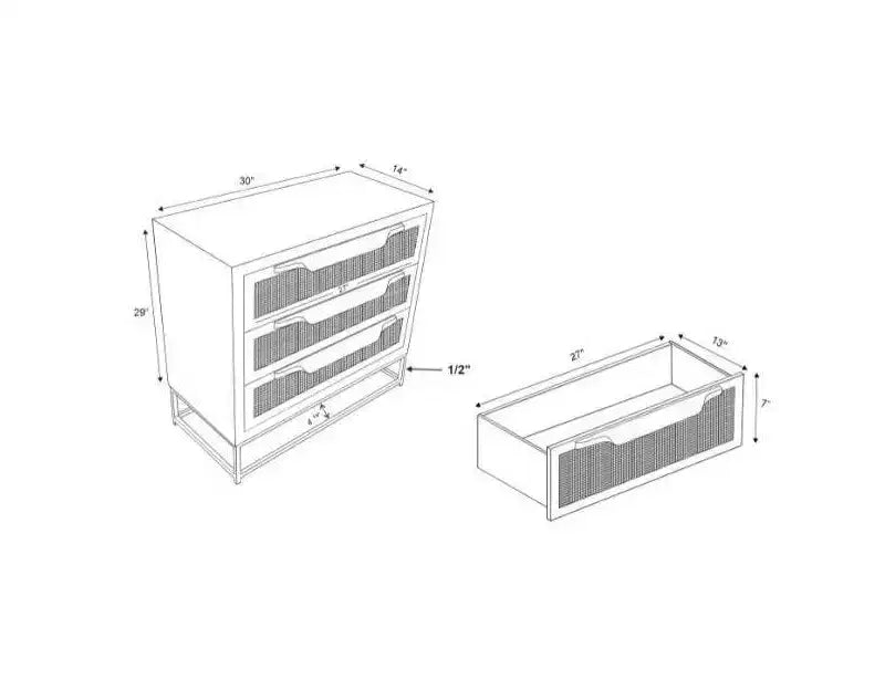Gordon Transitional 3 Natural Cane Drawers Cabinet with Gold Metal Base - Powell
