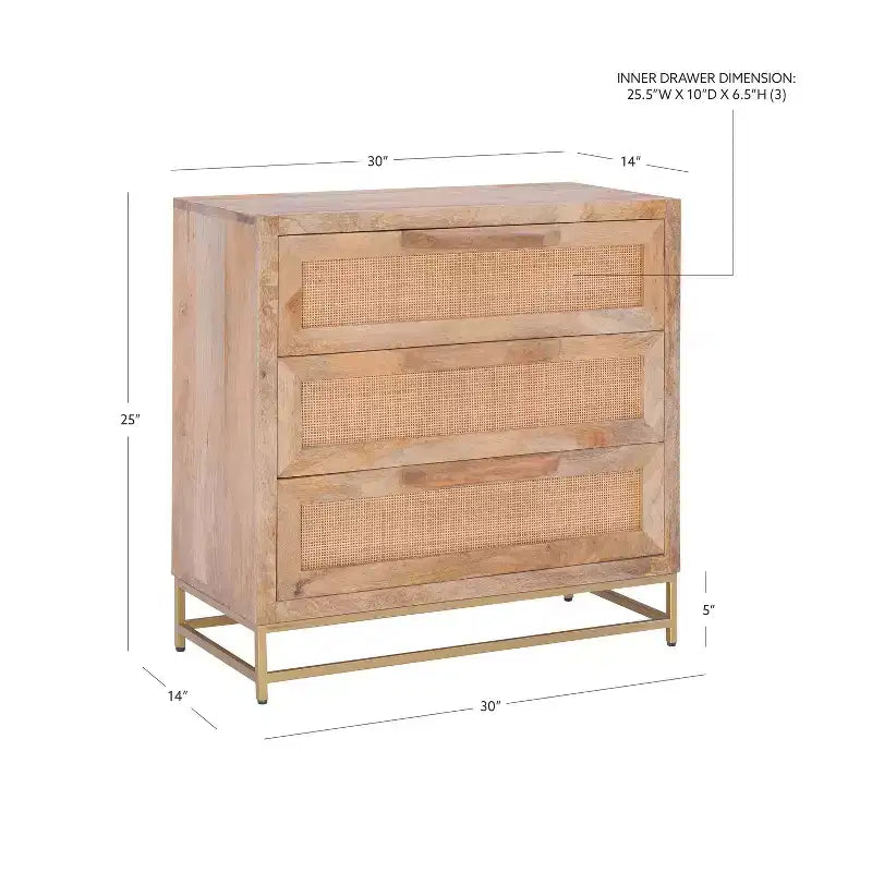 Gordon Transitional 3 Natural Cane Drawers Cabinet with Gold Metal Base - Powell