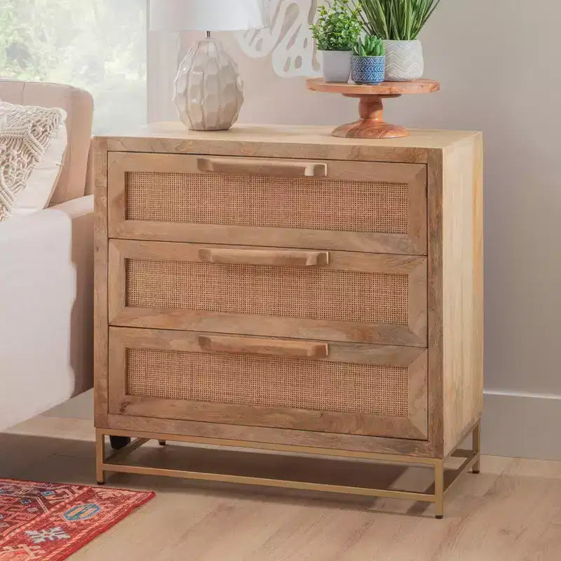 Gordon Transitional 3 Natural Cane Drawers Cabinet with Gold Metal Base - Powell