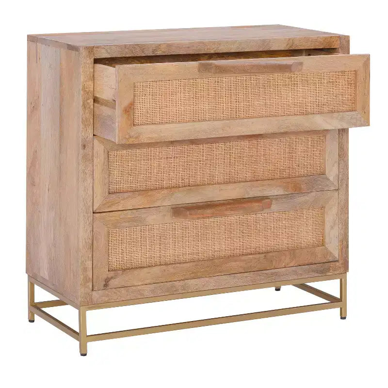 Gordon Transitional 3 Natural Cane Drawers Cabinet with Gold Metal Base - Powell