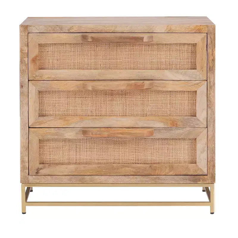 Gordon Transitional 3 Natural Cane Drawers Cabinet with Gold Metal Base - Powell