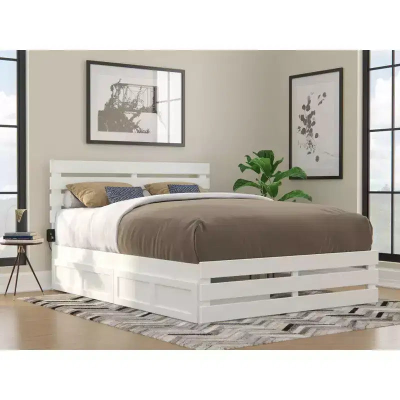 Queen Oxford Bed with Footboard and USB Turbo Charger with 2 XL Drawers White - AFI: Farmhouse Style, Painted Wood, Platform Design