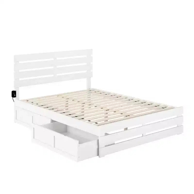 Queen Oxford Bed with Footboard and USB Turbo Charger with 2 XL Drawers White - AFI: Farmhouse Style, Painted Wood, Platform Design
