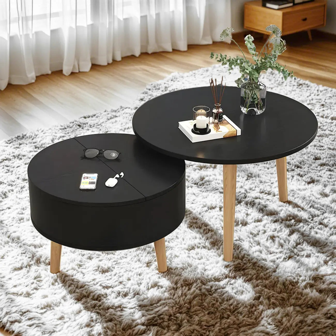 Table basse ronde moderne en bois noir et blanc avec rangement