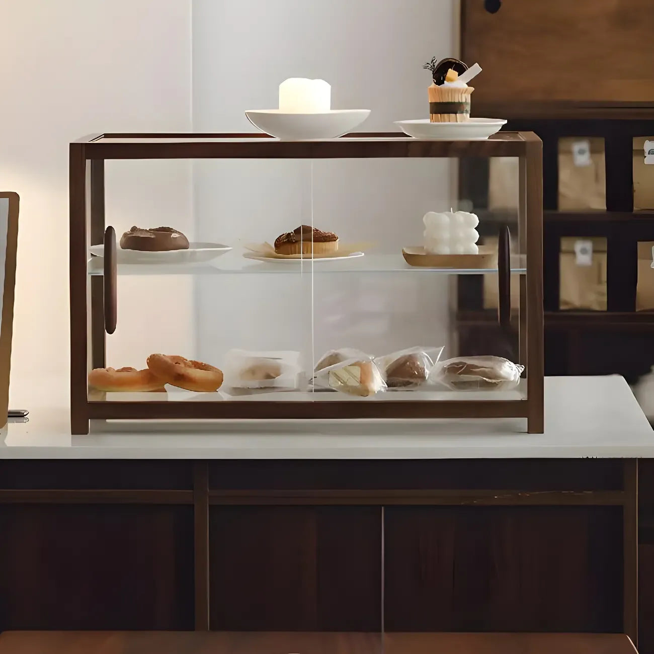 Élégante vitrine de collection en bois avec portes coulissantes