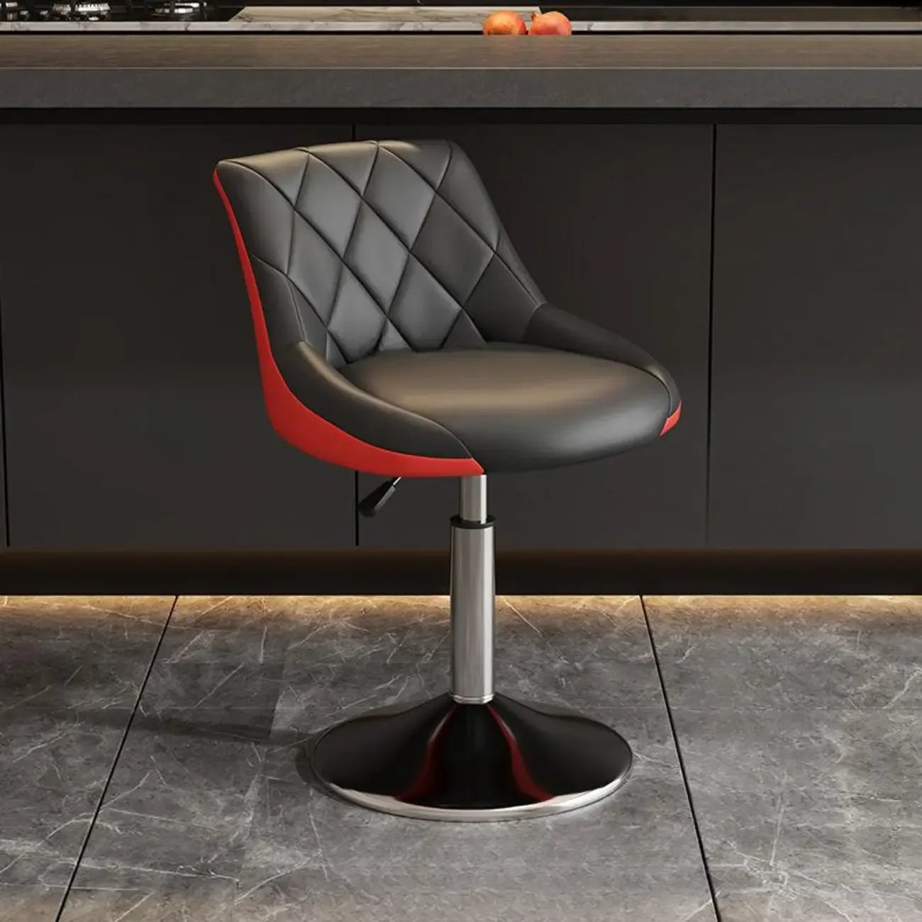 Tabouret de bar pivotant, capitonné en losanges, réglable, cuir PU noir et rouge