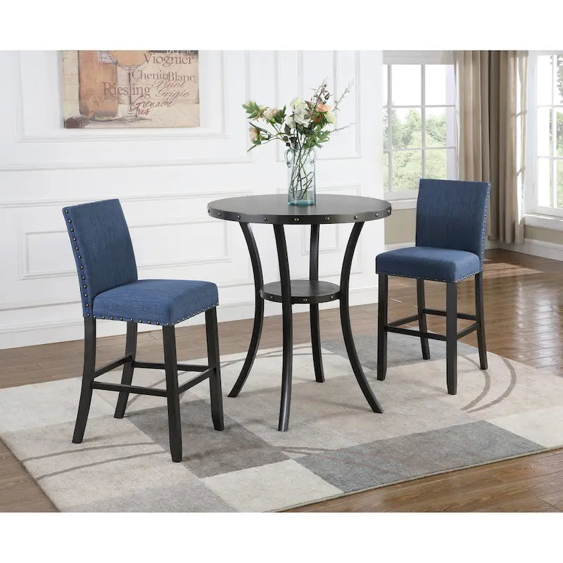 Ensemble de salle à manger moderne 3 pièces avec table de bar ronde et 2 chaises de pub cloutées