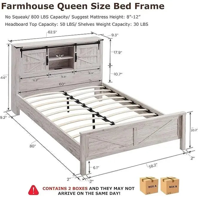 Lit queen size de style campagnard avec étagères de rangement et station de charge