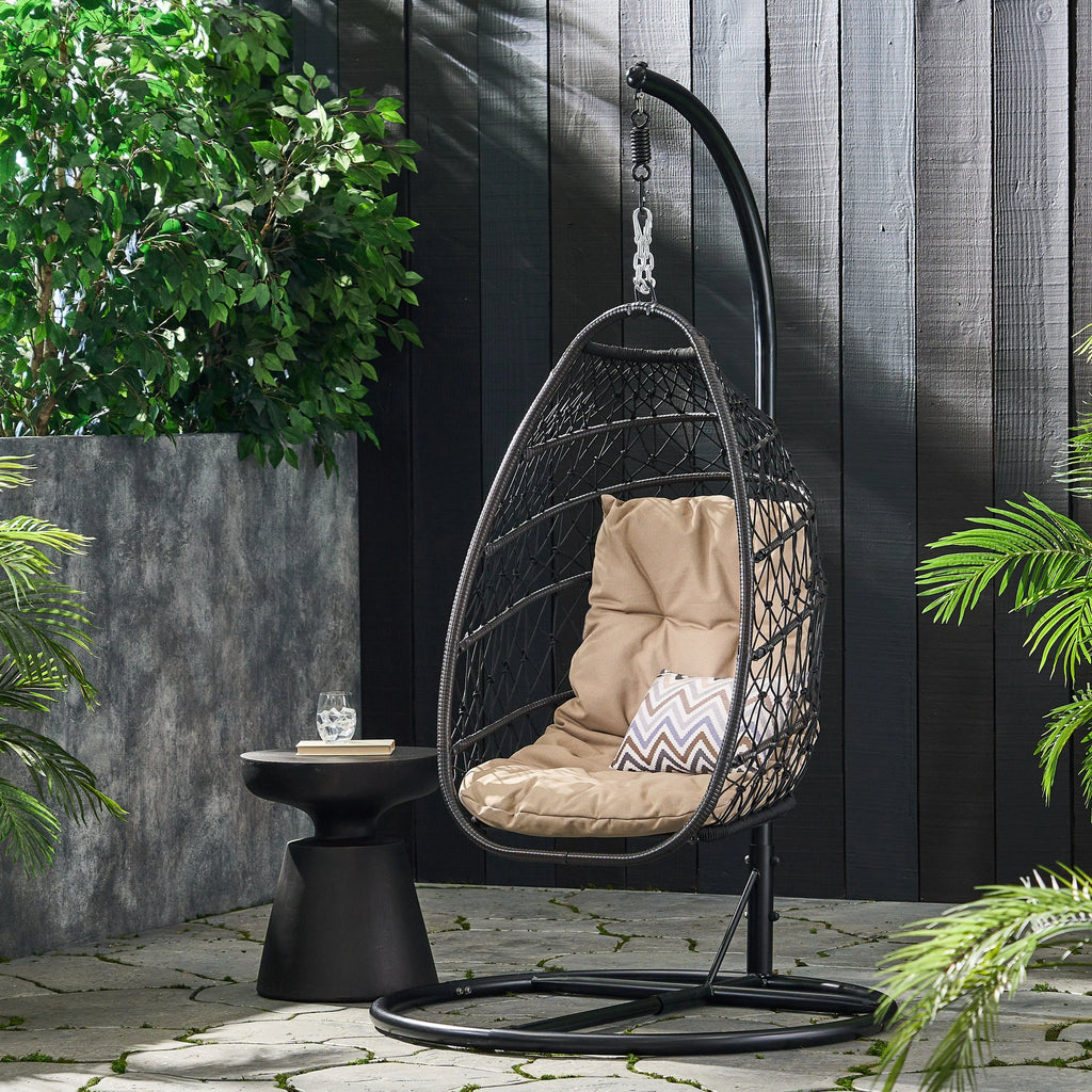 Fauteuil suspendu pliant Coloma d'extérieur en osier et corde avec support