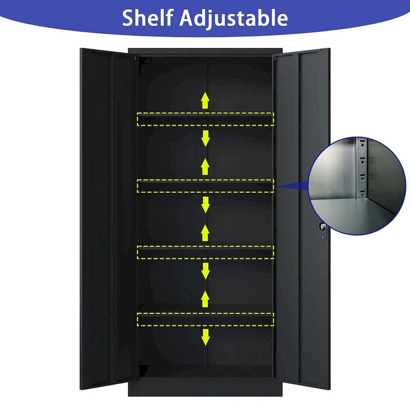 Armoire de rangement de garage en métal 72H, armoire de rangement noire en acier avec portes et 4 étagères