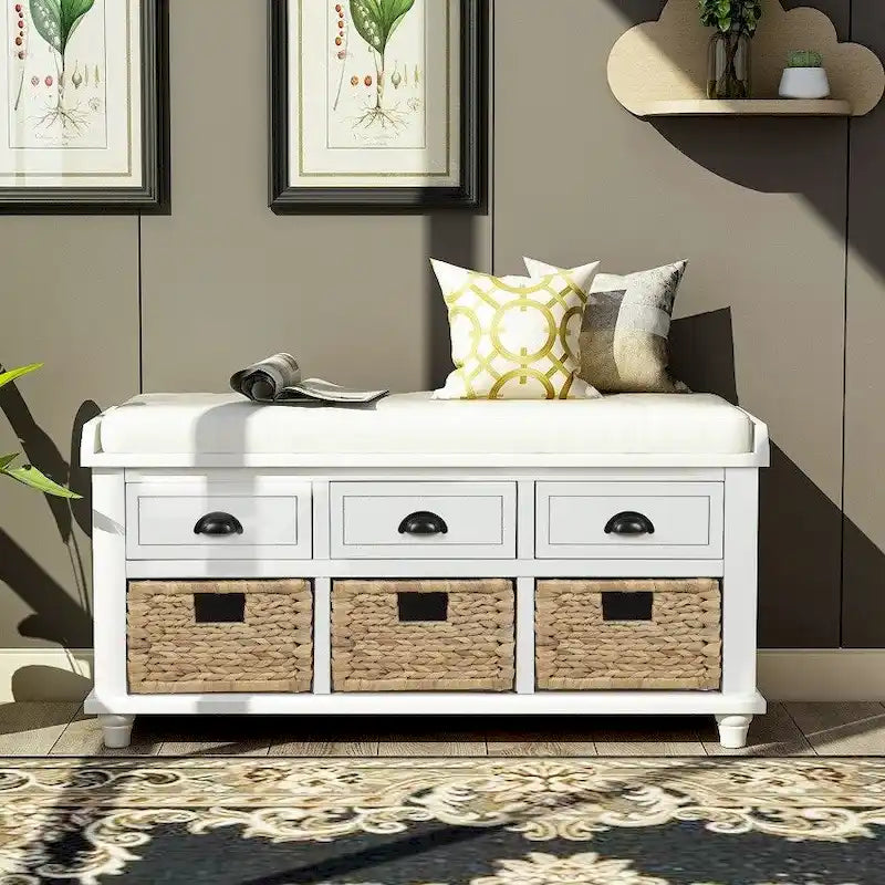 Banc de rangement rustique avec 3 tiroirs et 3 paniers en rotin, banc à chaussures pour salon, entrée