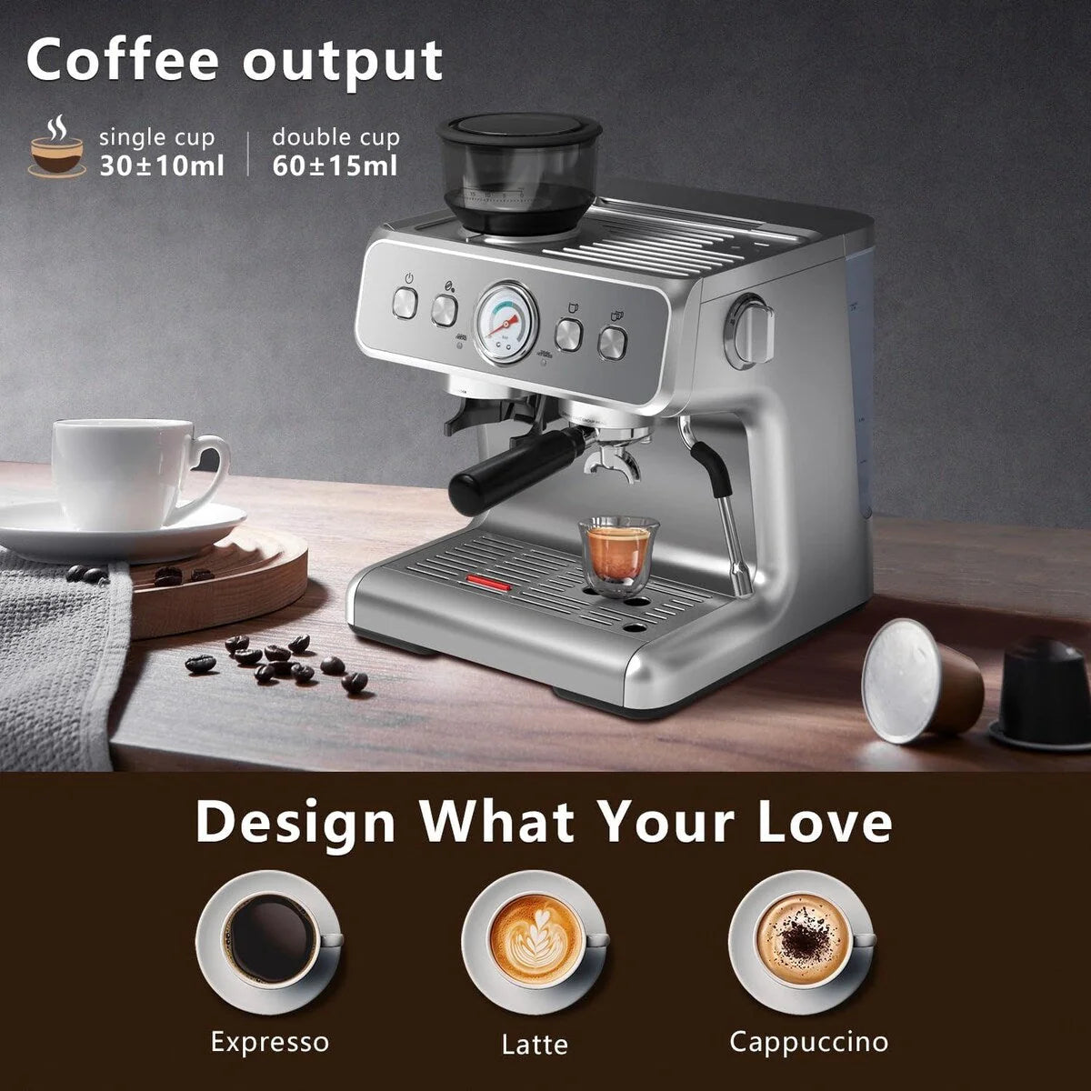 Machine à café semi-automatique avec contrôle intelligent de la température et fonction eau chaude, 30 réglages de mouture