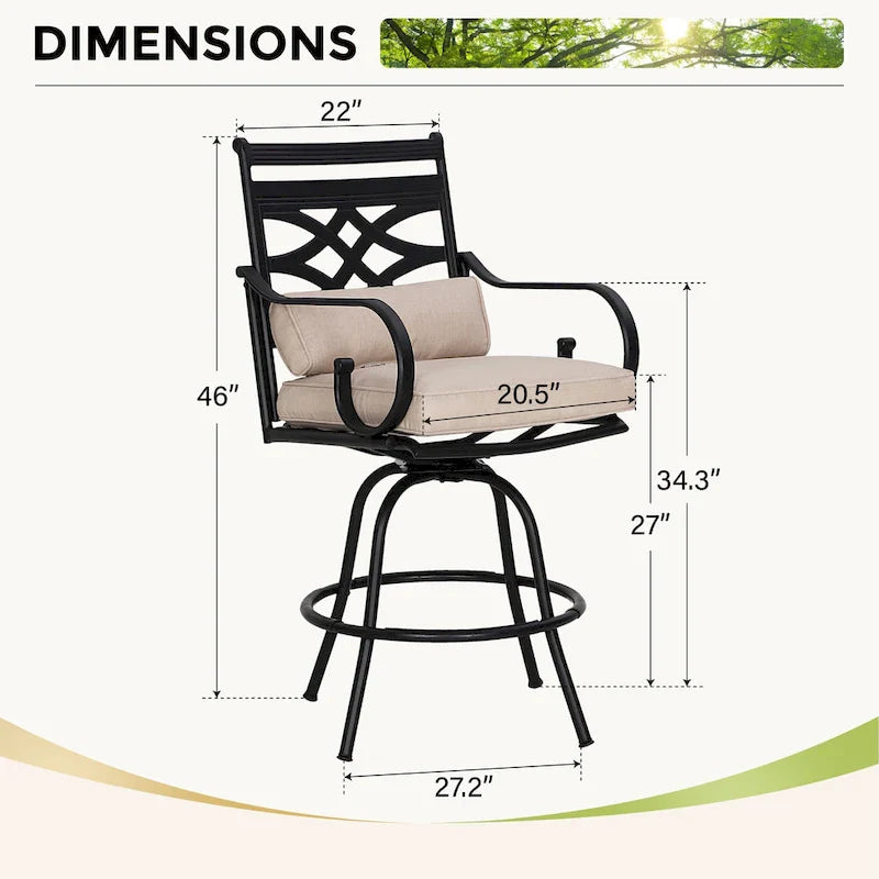 Ensemble de 4 chaises de bar de patio pivotantes en métal avec coussins pour l'extérieur