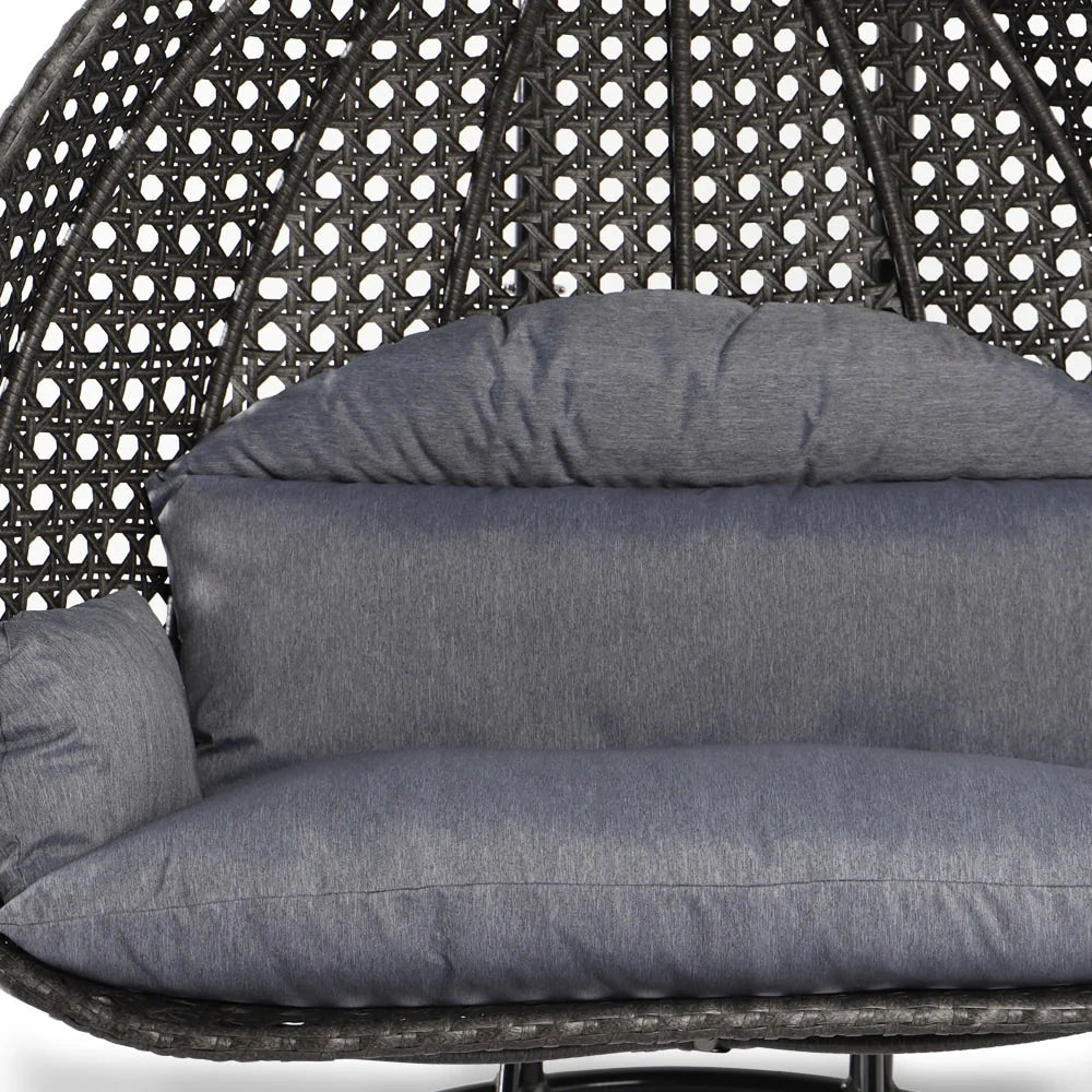 LeisureMod Fauteuil suspendu œuf 2 places avec support - Balançoire / hamac de patio en rotin osier pour extérieur/intérieur avec coussins