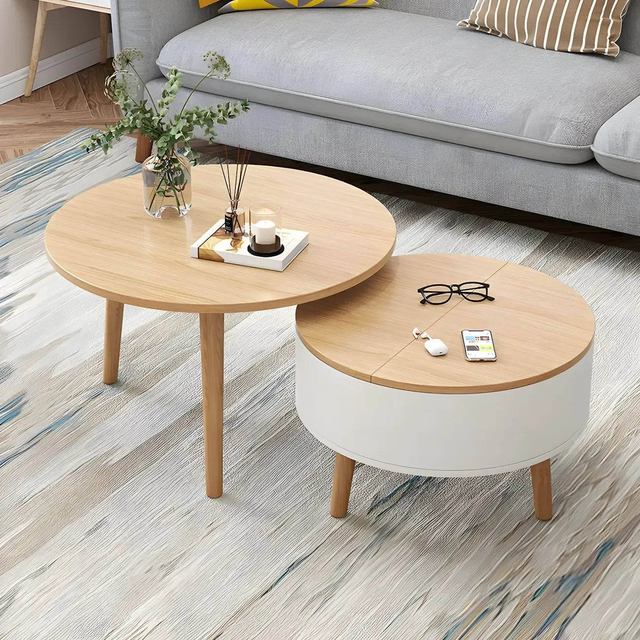 Table basse ronde moderne en bois noir et blanc avec rangement