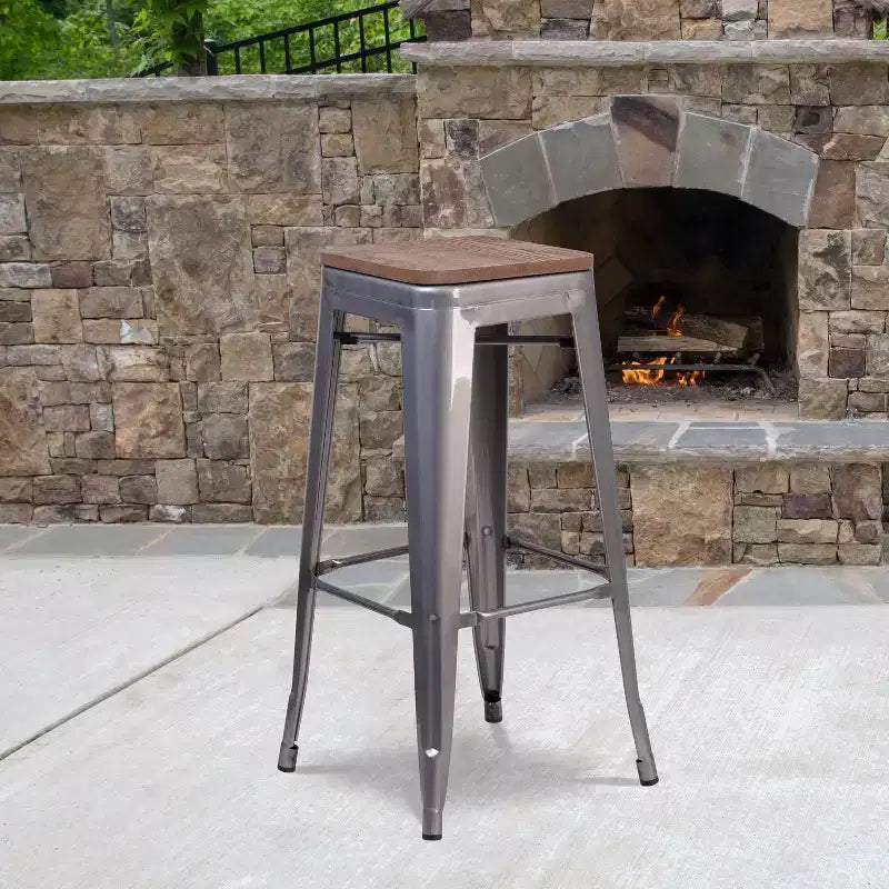 Flash Furniture Lincoln 30 High Backless Silver Antique Finish with Clear Coat Metal Barstool with Square Wood Seat