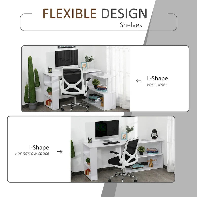 Bureau d'angle en L rotatif à 360° HOMCOM : Blanc, avec étagères de rangement