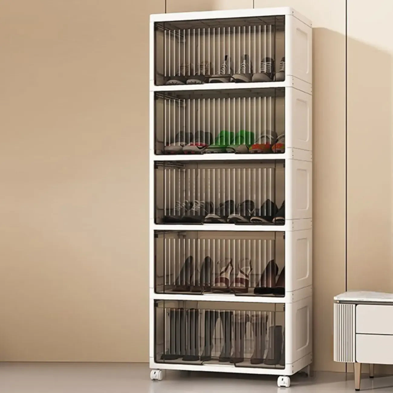 Meuble à chaussures blanc en plastique avec abattant et roulettes pour couloir