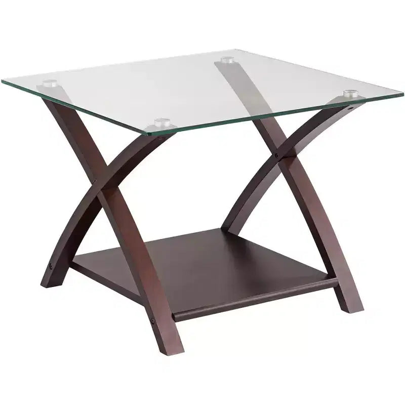 Elm Lane Ashton Modern Espresso Wood Square Accent Side End Table 23 3/4 Wide with Shelf Brown Clear Glass Tabletop for Living Room Bedroom Entryway