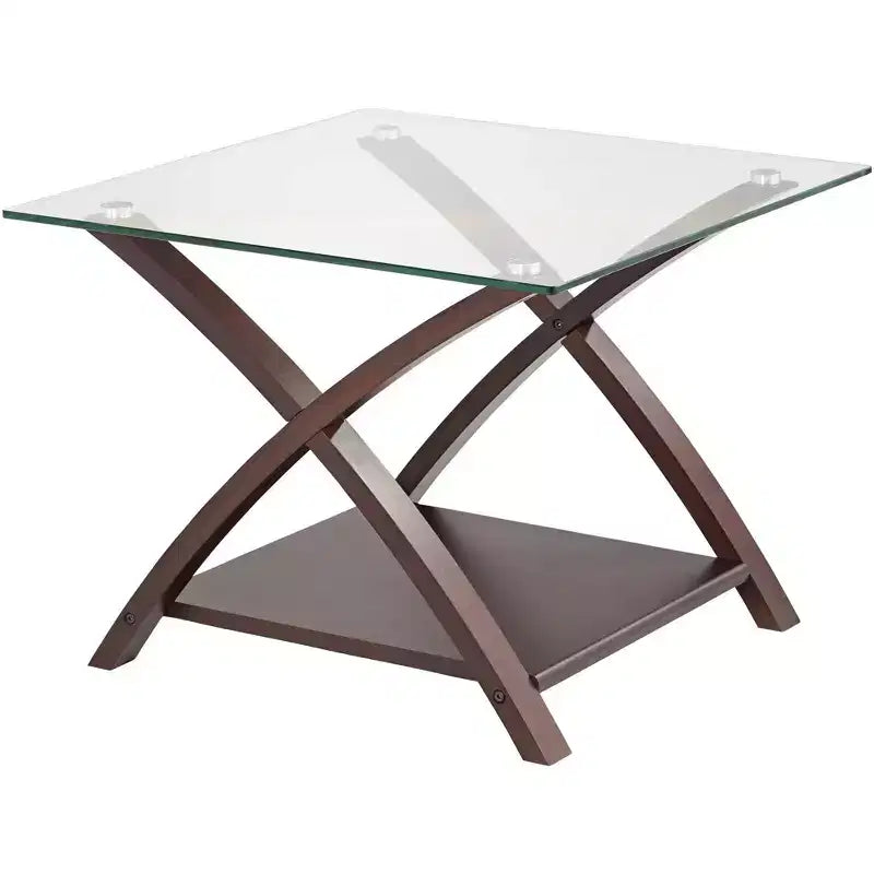 Elm Lane Ashton Modern Espresso Wood Square Accent Side End Table 23 3/4 Wide with Shelf Brown Clear Glass Tabletop for Living Room Bedroom Entryway