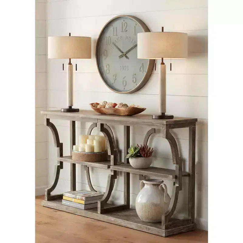 Crestview Collection Stockton Farmhouse Rustic Chestnut Wood Console Table 64 x 15 with Bookshelf Brown 3-Tier for Living Room Bedroom Bedside House