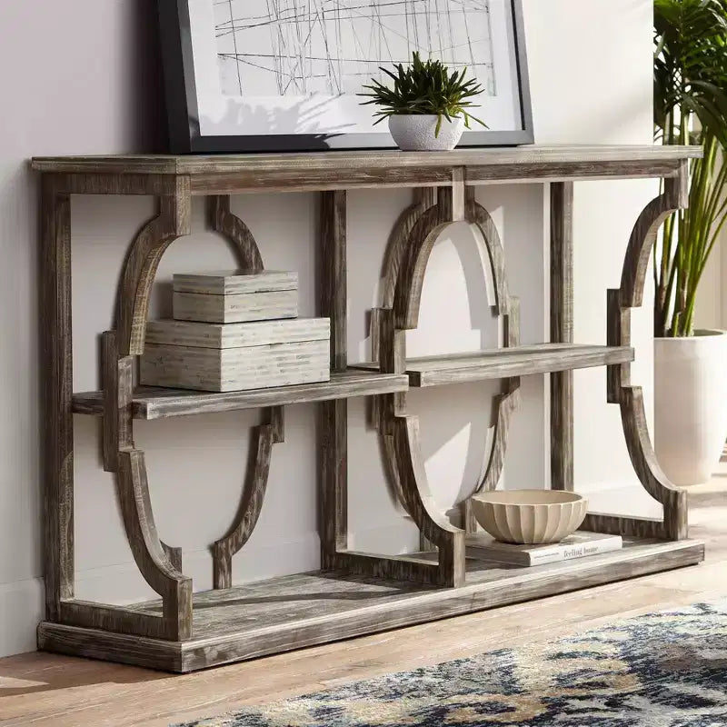 Crestview Collection Stockton Farmhouse Rustic Chestnut Wood Console Table 64 x 15 with Bookshelf Brown 3-Tier for Living Room Bedroom Bedside House