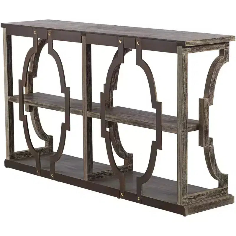 Crestview Collection Stockton Farmhouse Rustic Chestnut Wood Console Table 64 x 15 with Bookshelf Brown 3-Tier for Living Room Bedroom Bedside House