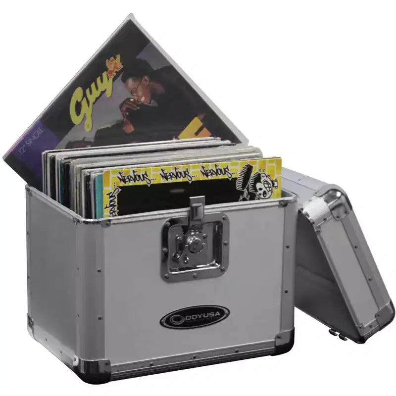 Odyssey KROM Series Record Utility Case for 70 Individual 12 Vinyl Records and LPs with Foam-Lined Interior, Secure Lock, and Handle, Silver