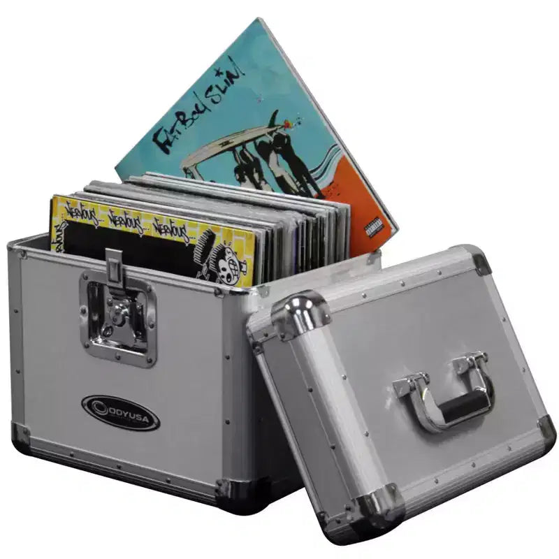 Odyssey KROM Series Record Utility Case for 70 Individual 12 Vinyl Records and LPs with Foam-Lined Interior, Secure Lock, and Handle, Silver