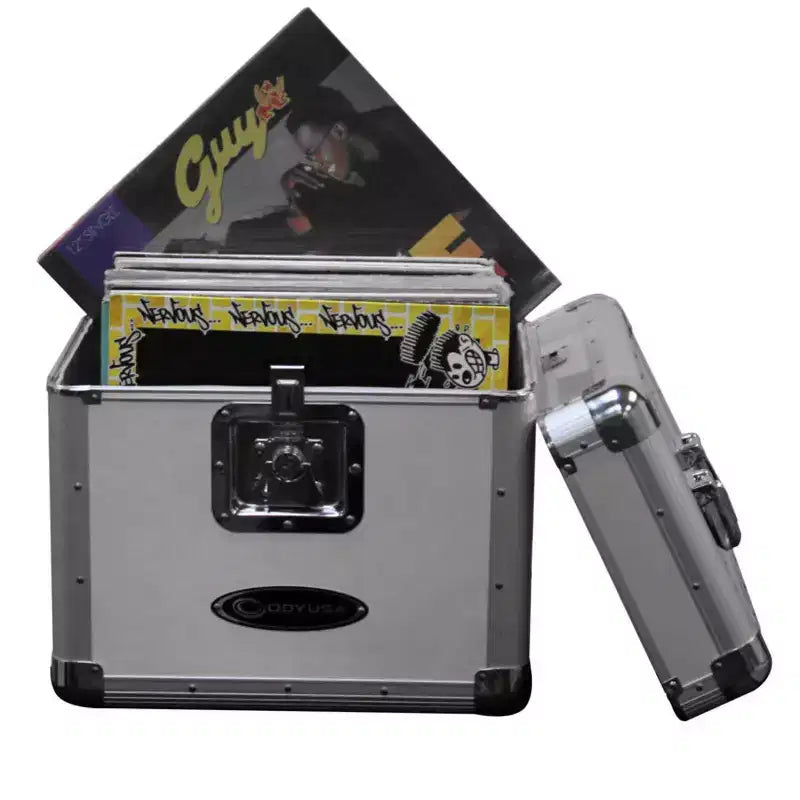 Odyssey KROM Series Record Utility Case for 70 Individual 12 Vinyl Records and LPs with Foam-Lined Interior, Secure Lock, and Handle, Silver