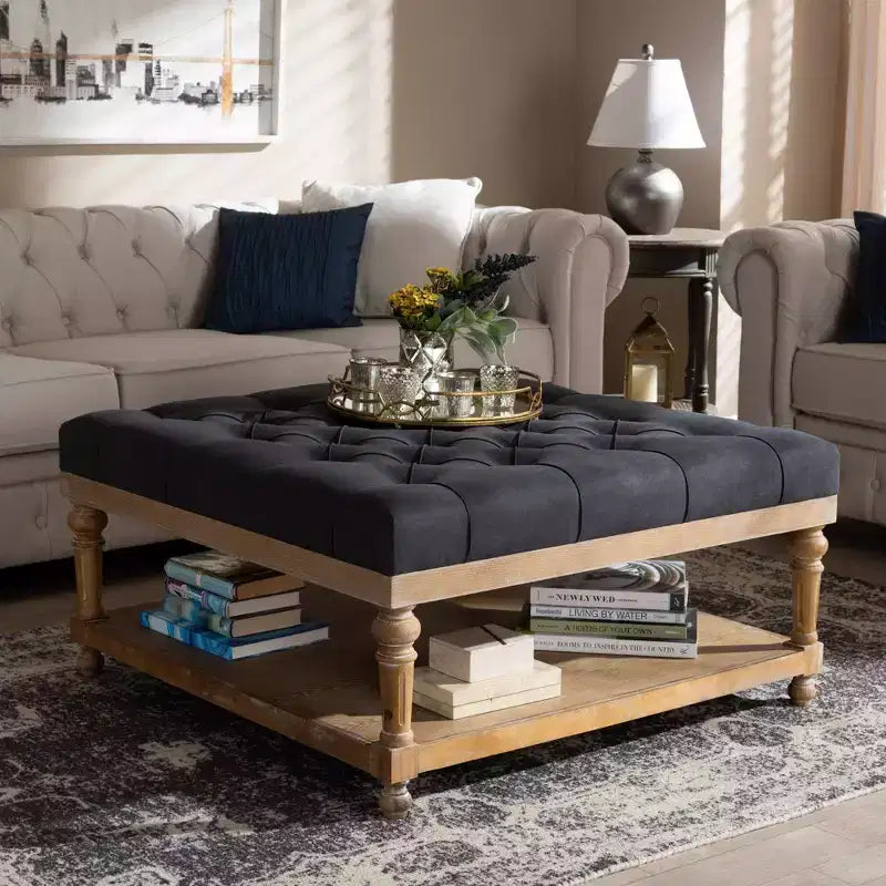 Pouf de cocktail en bois tapissé de tissu de lin Kelly - Baxton Studio