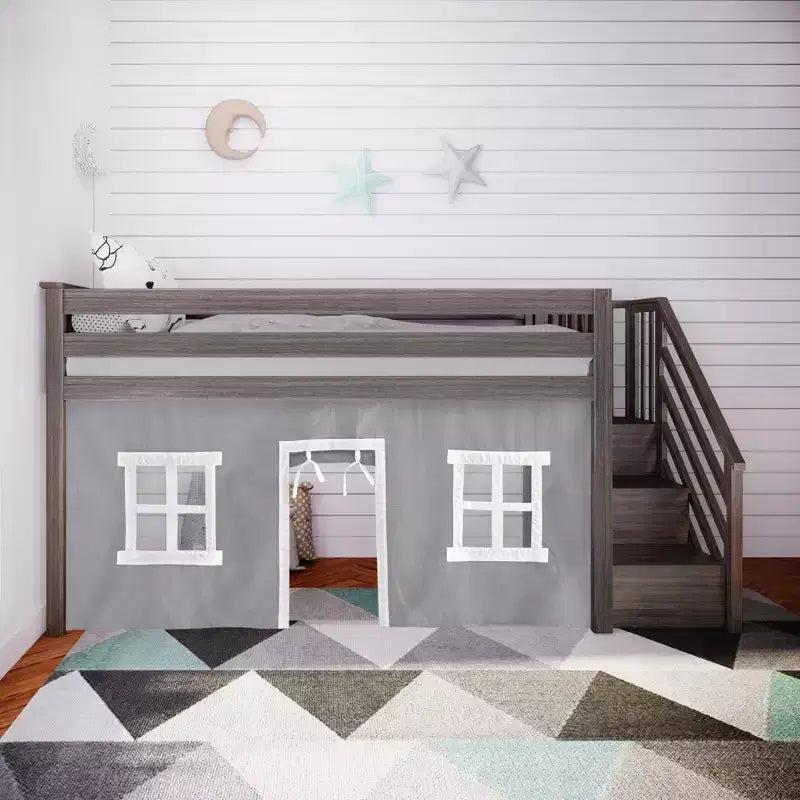 Max & Lily Twin Low Loft with Stairs and Curtains