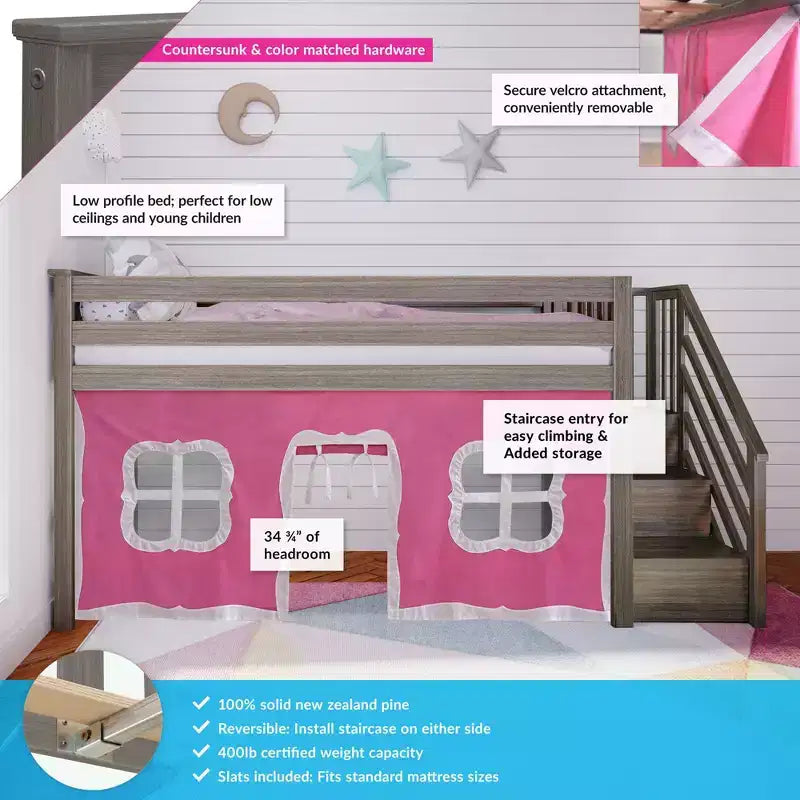 Max & Lily Twin Low Loft with Stairs and Curtains