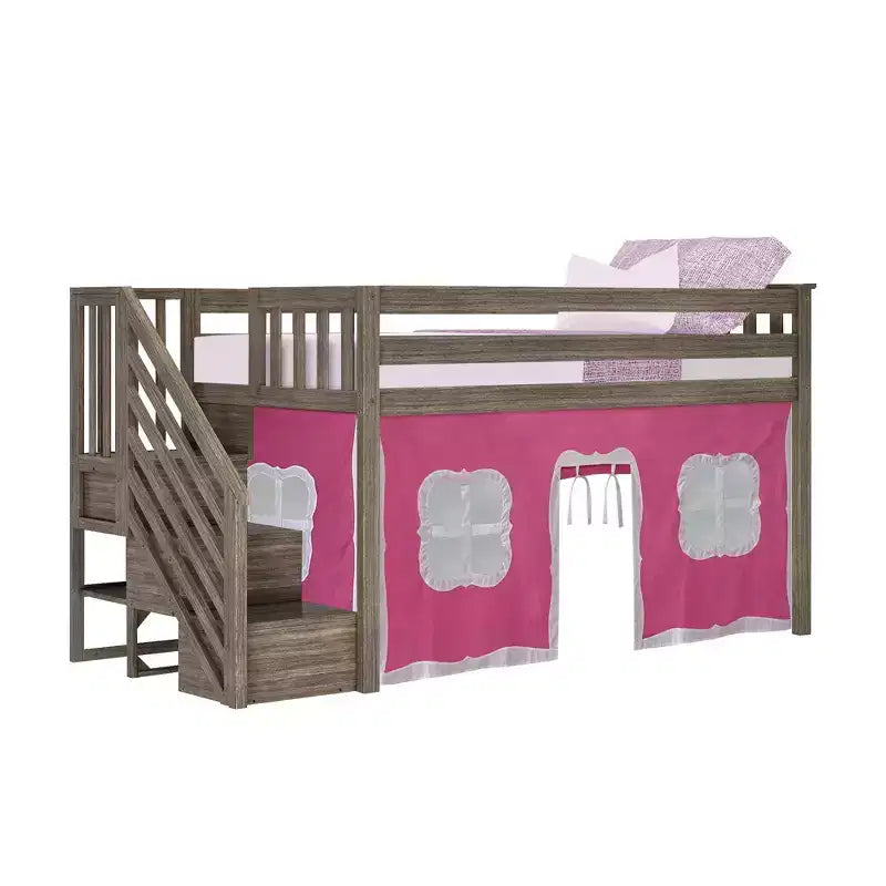 Max & Lily Twin Low Loft with Stairs and Curtains