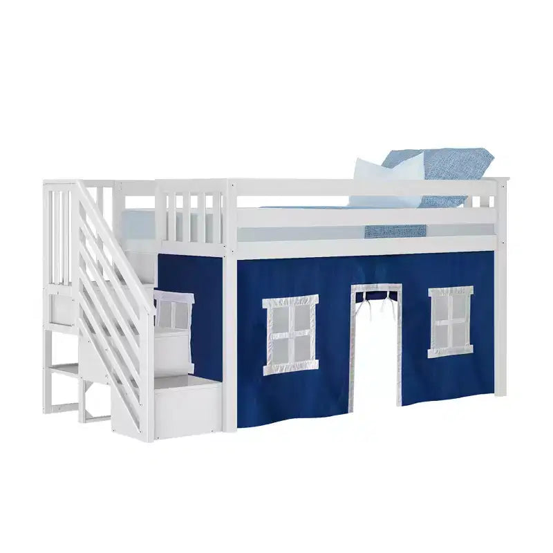 Max & Lily Twin Low Loft with Stairs and Curtains