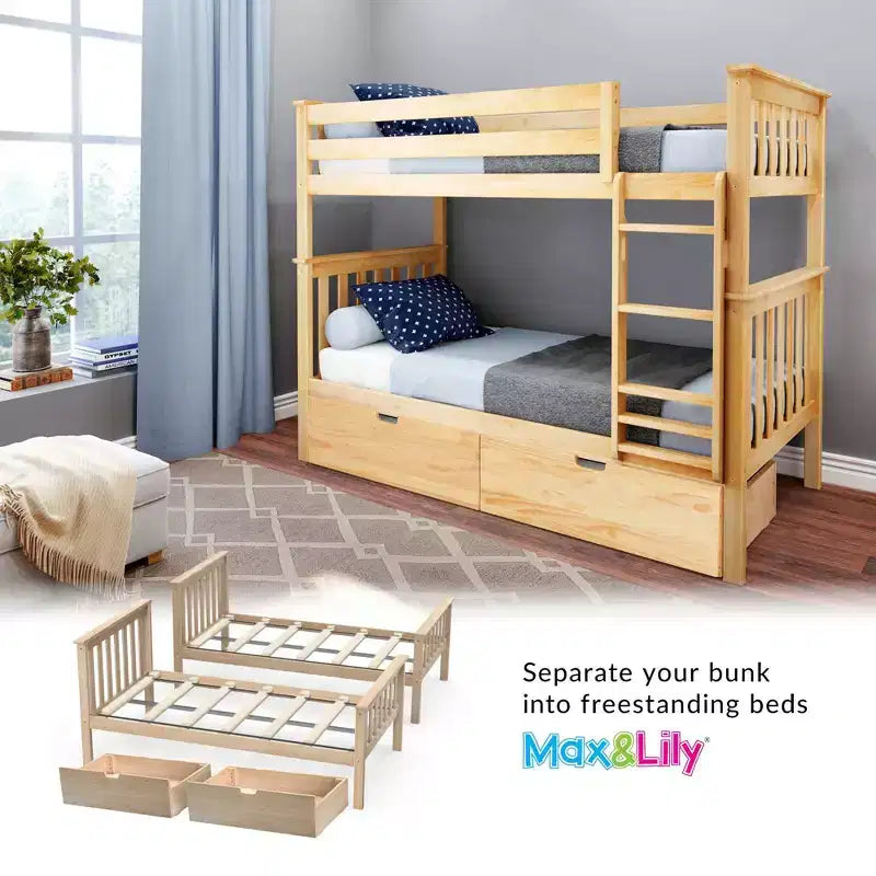 Max & Lily Solid Wood Twin over Twin Bunk Bed for Kids with Underbed Storage Drawers