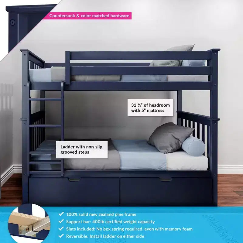 Max & Lily Solid Wood Twin over Twin Bunk Bed for Kids with Underbed Storage Drawers
