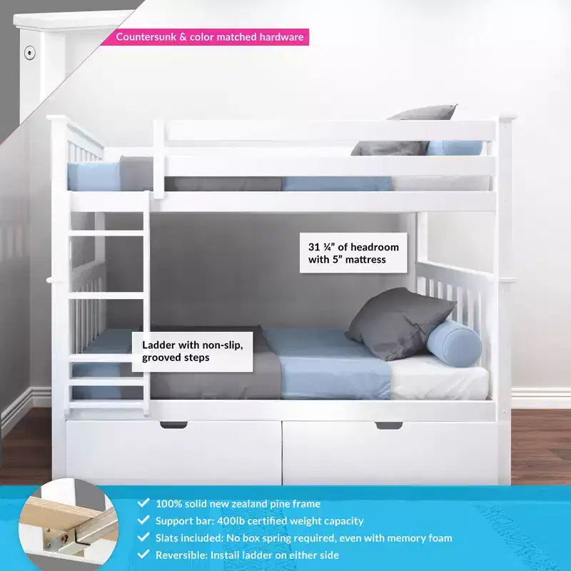 Max & Lily Solid Wood Twin over Twin Bunk Bed for Kids with Underbed Storage Drawers