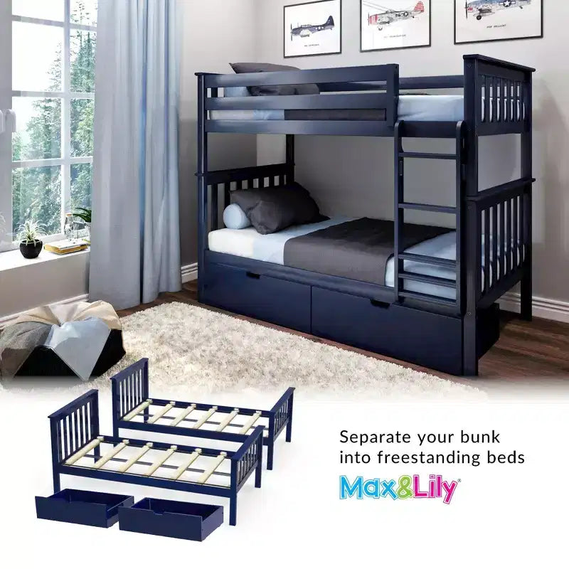 Max & Lily Solid Wood Twin over Twin Bunk Bed for Kids with Underbed Storage Drawers