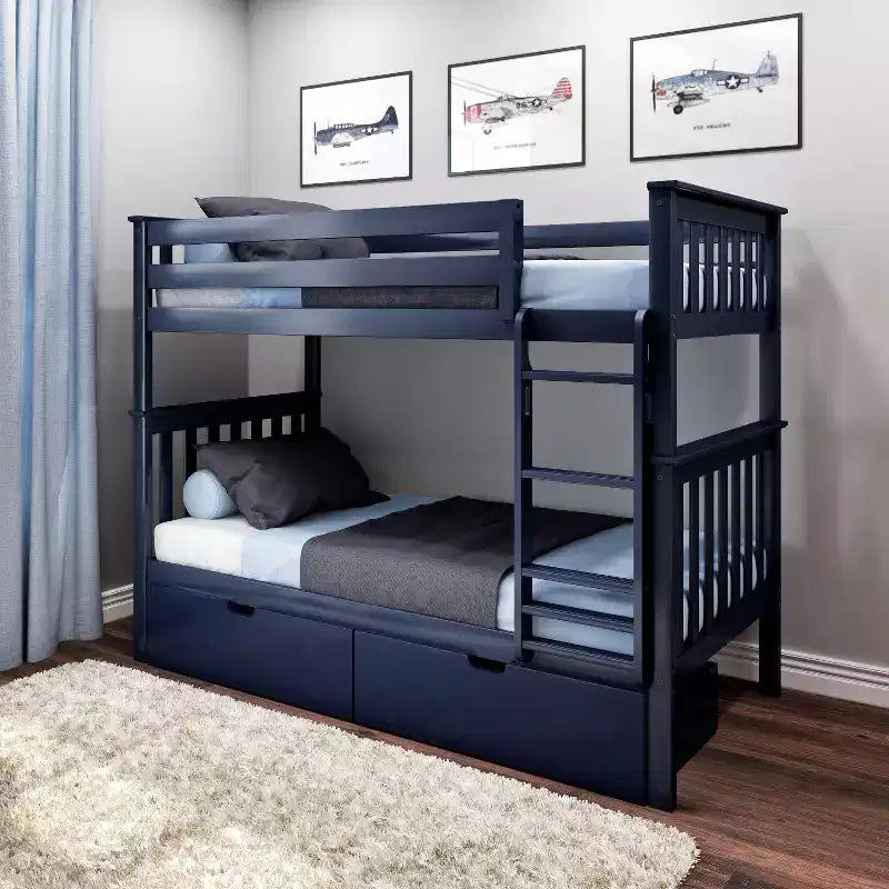 Max & Lily Solid Wood Twin over Twin Bunk Bed for Kids with Underbed Storage Drawers