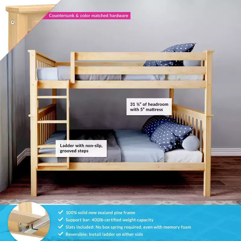 Max & Lily Full over Full Bunk Bed for Kids, Solid Wood Platform Bed, No Box Spring Needed