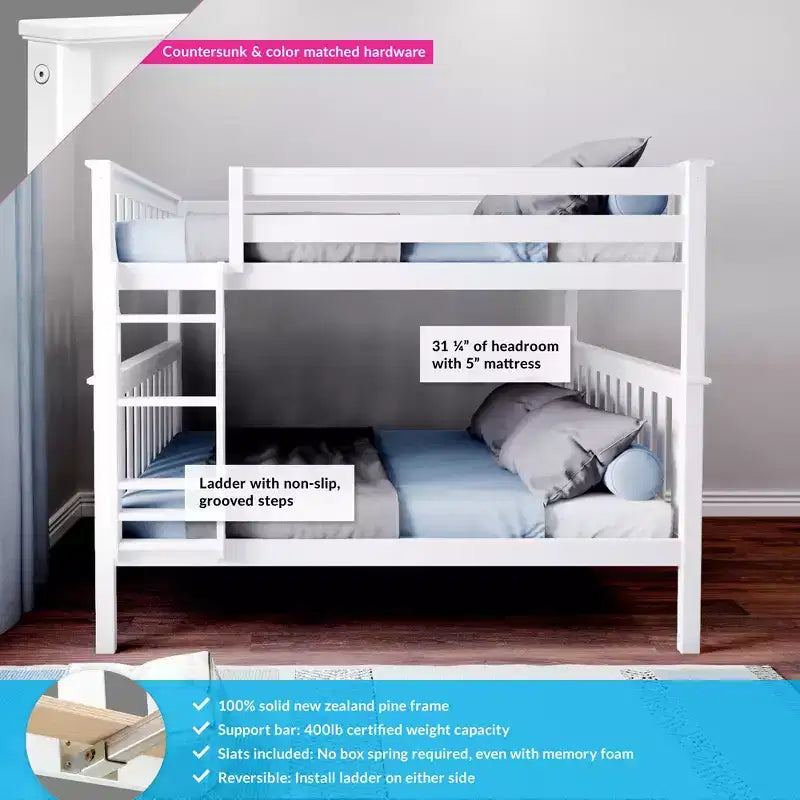 Max & Lily Full over Full Bunk Bed for Kids, Solid Wood Platform Bed, No Box Spring Needed