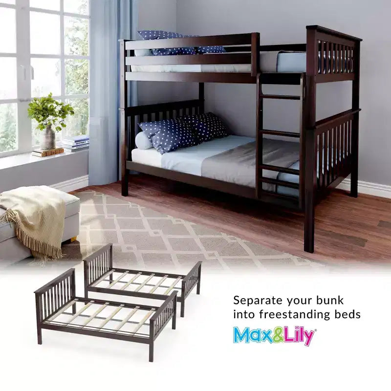 Max & Lily Full over Full Bunk Bed for Kids, Solid Wood Platform Bed, No Box Spring Needed