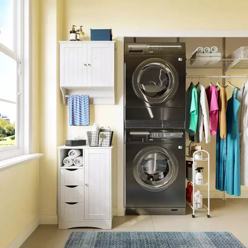 RiverRidge Ashland Single Door Bathroom and Laundry Storage Cabinet with 3 Drawers, Open and Adjustable Shelf
