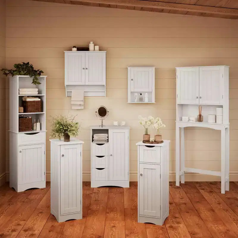 RiverRidge Ashland Single Door Bathroom and Laundry Storage Cabinet with 3 Drawers, Open and Adjustable Shelf