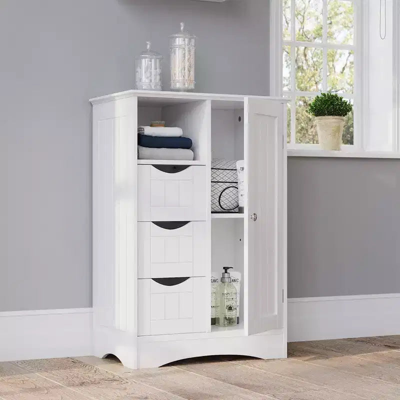 RiverRidge Ashland Single Door Bathroom and Laundry Storage Cabinet with 3 Drawers, Open and Adjustable Shelf
