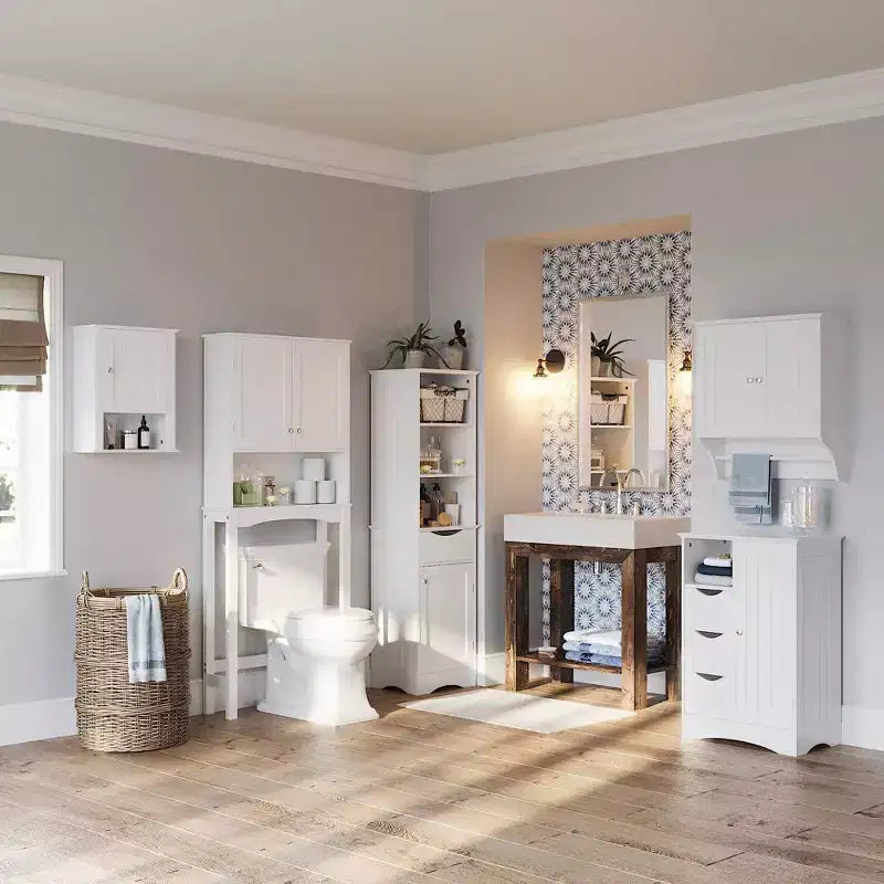 RiverRidge Ashland Single Door Bathroom and Laundry Storage Cabinet with 3 Drawers, Open and Adjustable Shelf
