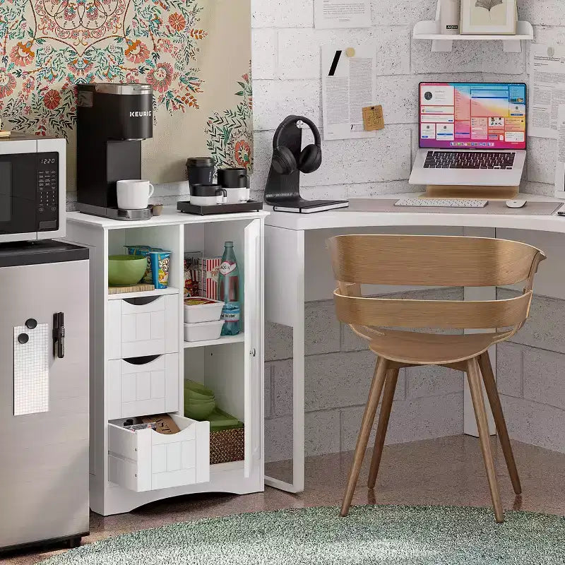 RiverRidge Ashland Single Door Bathroom and Laundry Storage Cabinet with 3 Drawers, Open and Adjustable Shelf